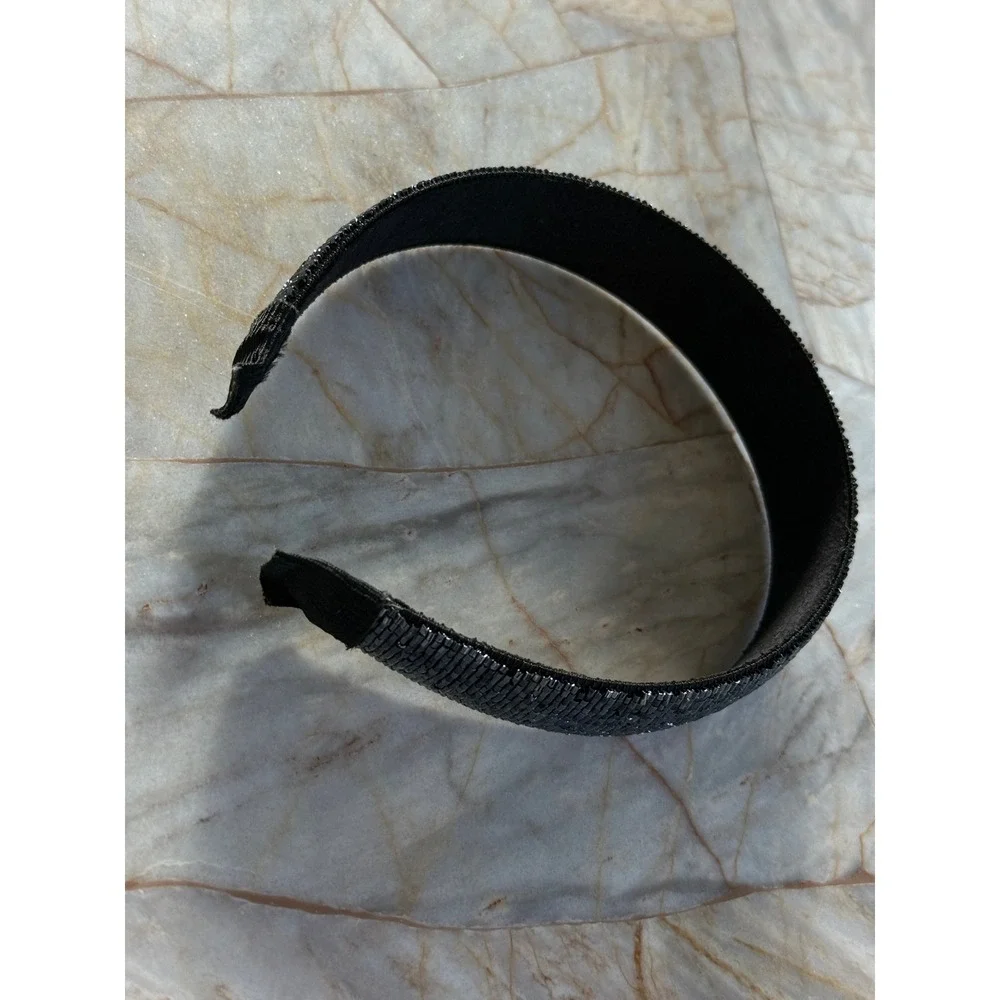 Gunmetal Beaded Headband Metallic Black Bugle Bead Hair Accessory Hand Beaded